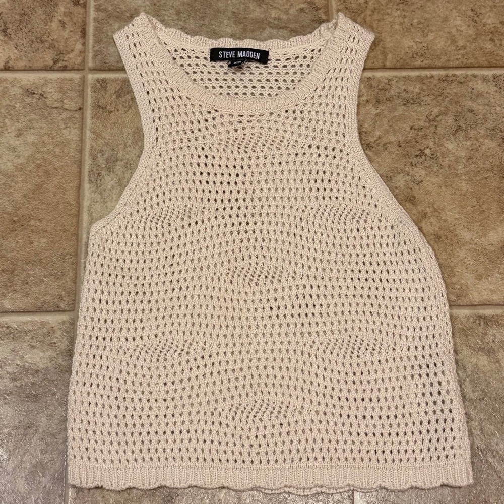Steve Madden Womens Crochet Knit Tank Top Cream‎ Beige Sleeveless BO106577 XS